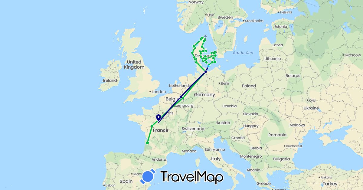 TravelMap itinerary: driving, bus, cycling, boat in Germany, Denmark, France, Netherlands (Europe)
